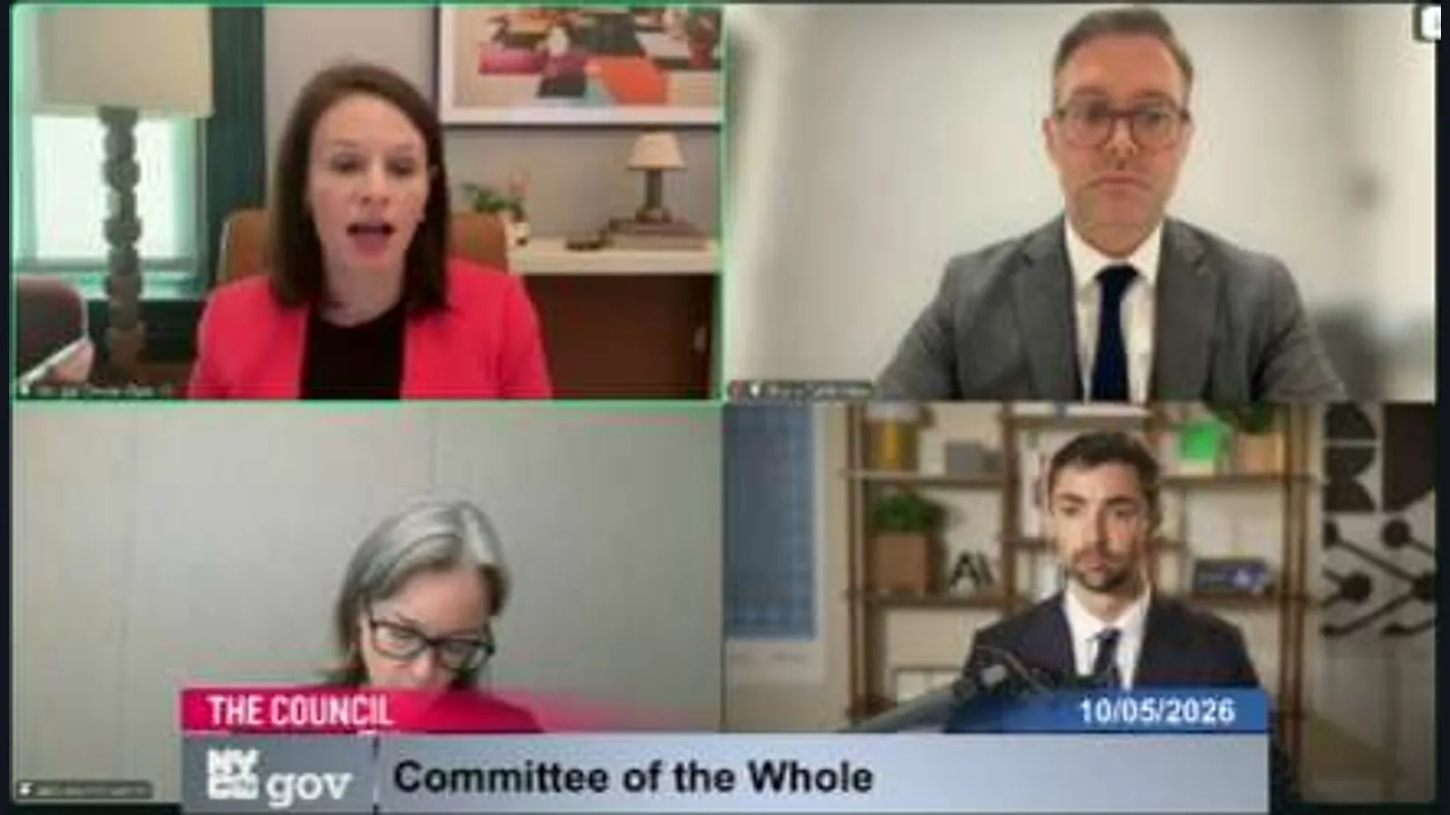 Four participants appear in a video meeting above a lower-third reading “THE COUNCIL” and “Committee of the Whole,” dated 10/05/2026.