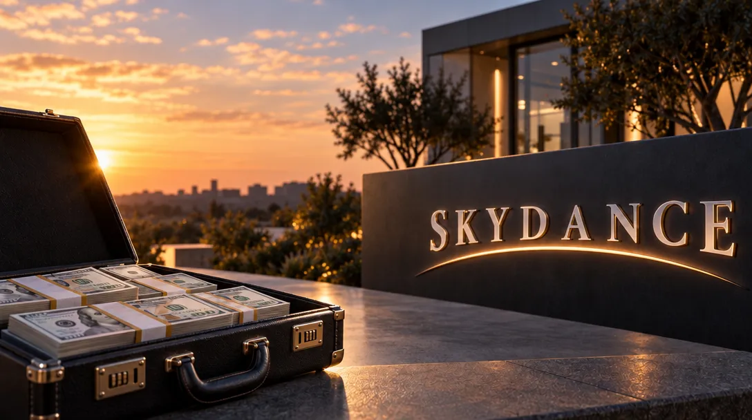 AI-generated illustration of an open briefcase filled with bundled banknotes beside a stone wall with large lettering, with a modern building and sunset skyline in the background.