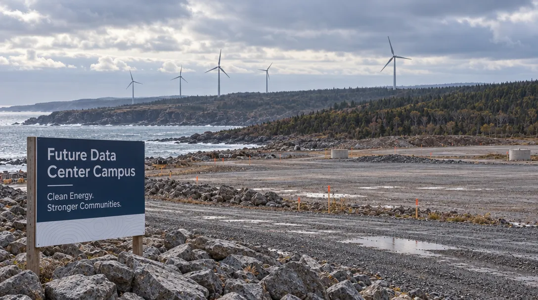 AI-generated illustration of a sign reading “Future Data Center Campus” beside rocky cleared coastal ground, with wind turbines on a wooded ridge under cloudy skies.