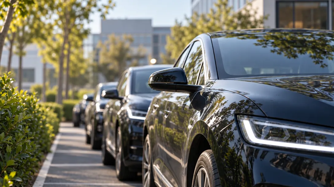 AI-generated illustration of a row of dark cars parked along a tree-lined curb beside modern buildings.