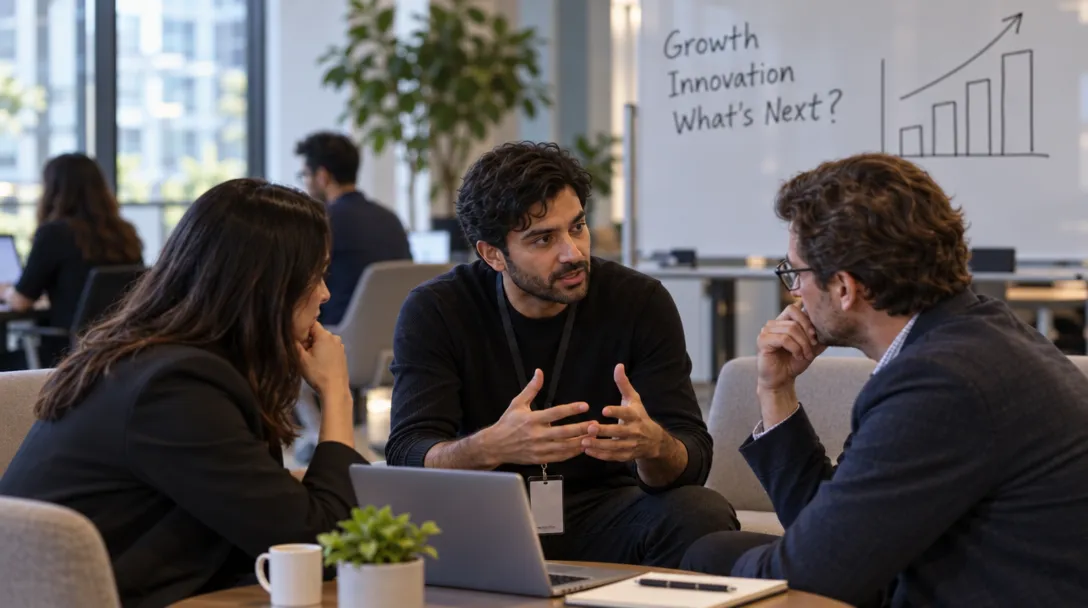AI-generated illustration of three people talking around a laptop, with a whiteboard behind them showing handwritten words and an upward bar chart.
