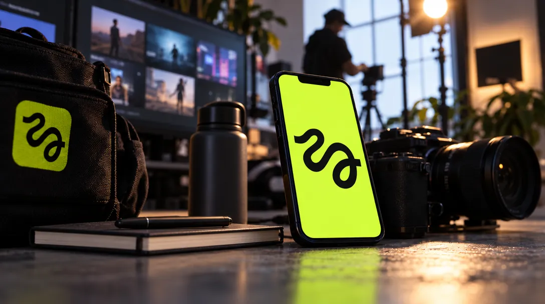AI-generated illustration of a lime-screen phone beside a camera, equipment bag, bottle and notebook on a desk, with large monitors and a person in the background.
