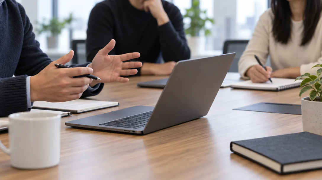 AI-generated illustration of people gathered around a table with an open laptop, notebooks, a pen, a mug and a small plant.