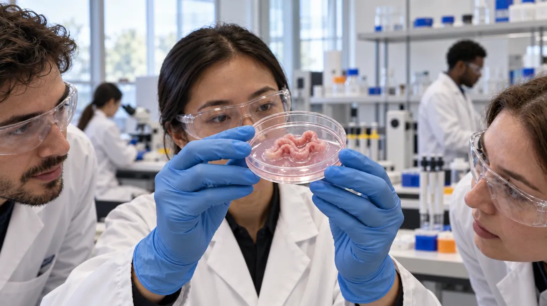 AI-generated illustration of three people in lab coats and protective glasses examining a clear dish containing pink, folded tissue; lab benches and shelves fill the background.