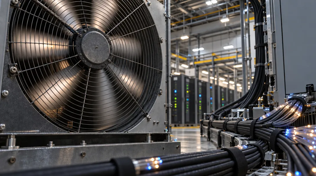 AI-generated illustration of a large industrial fan beside rows of server racks, with bundled cables running across the floor and blue lights glowing at their ends.