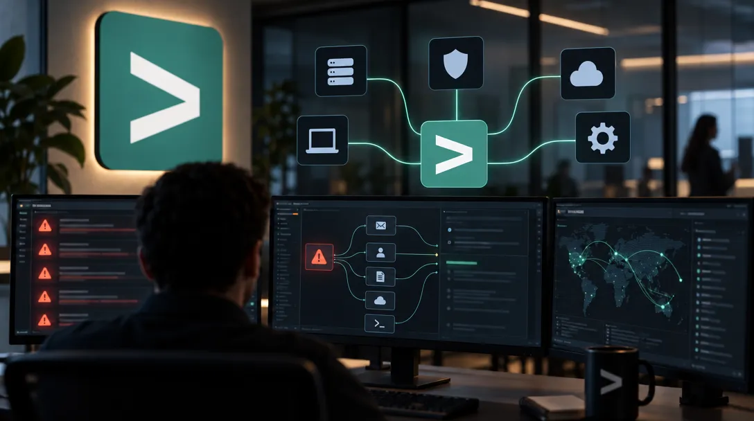 AI-generated illustration of a seated person facing three dashboards with warning icons, a network map, and connected symbols around a central chevron.