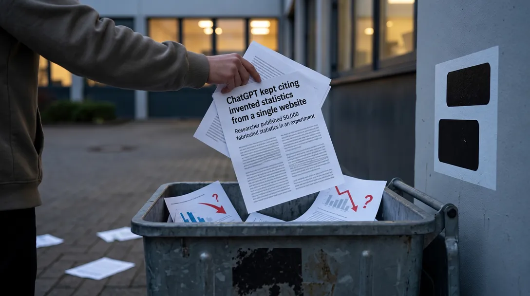AI-generated illustration of a person placing printed pages into a wheeled bin outside a building; one page headline says ChatGPT kept citing invented statistics.