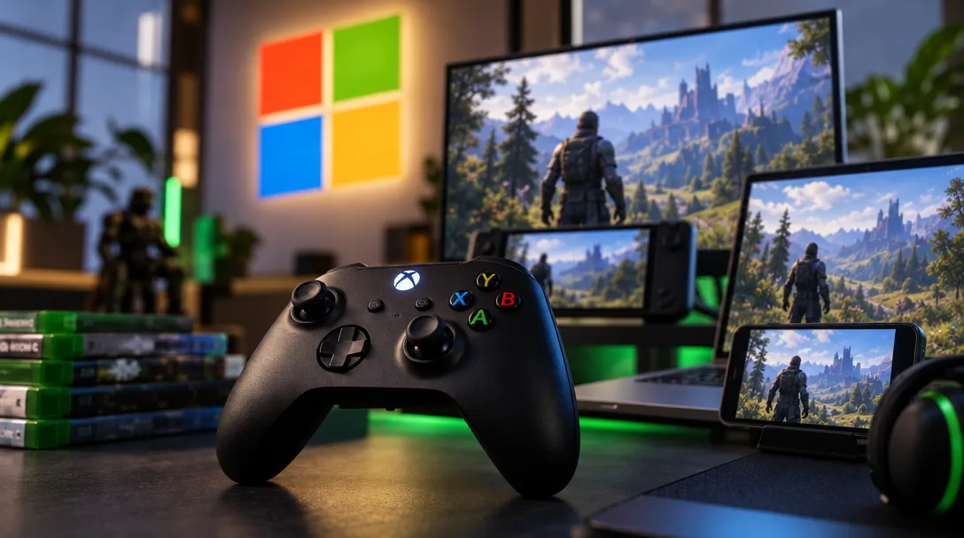 AI-generated illustration of a black game controller before several screens showing a character in a mountainous landscape, with stacked game cases and a four-color window-shaped symbol behind it.