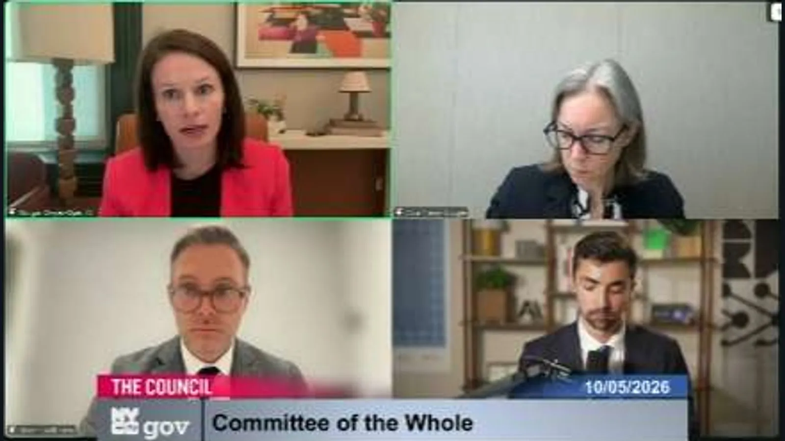 Four-person video conference with a lower-third reading “The Council” and “Committee of the Whole,” dated 10/05/2026.