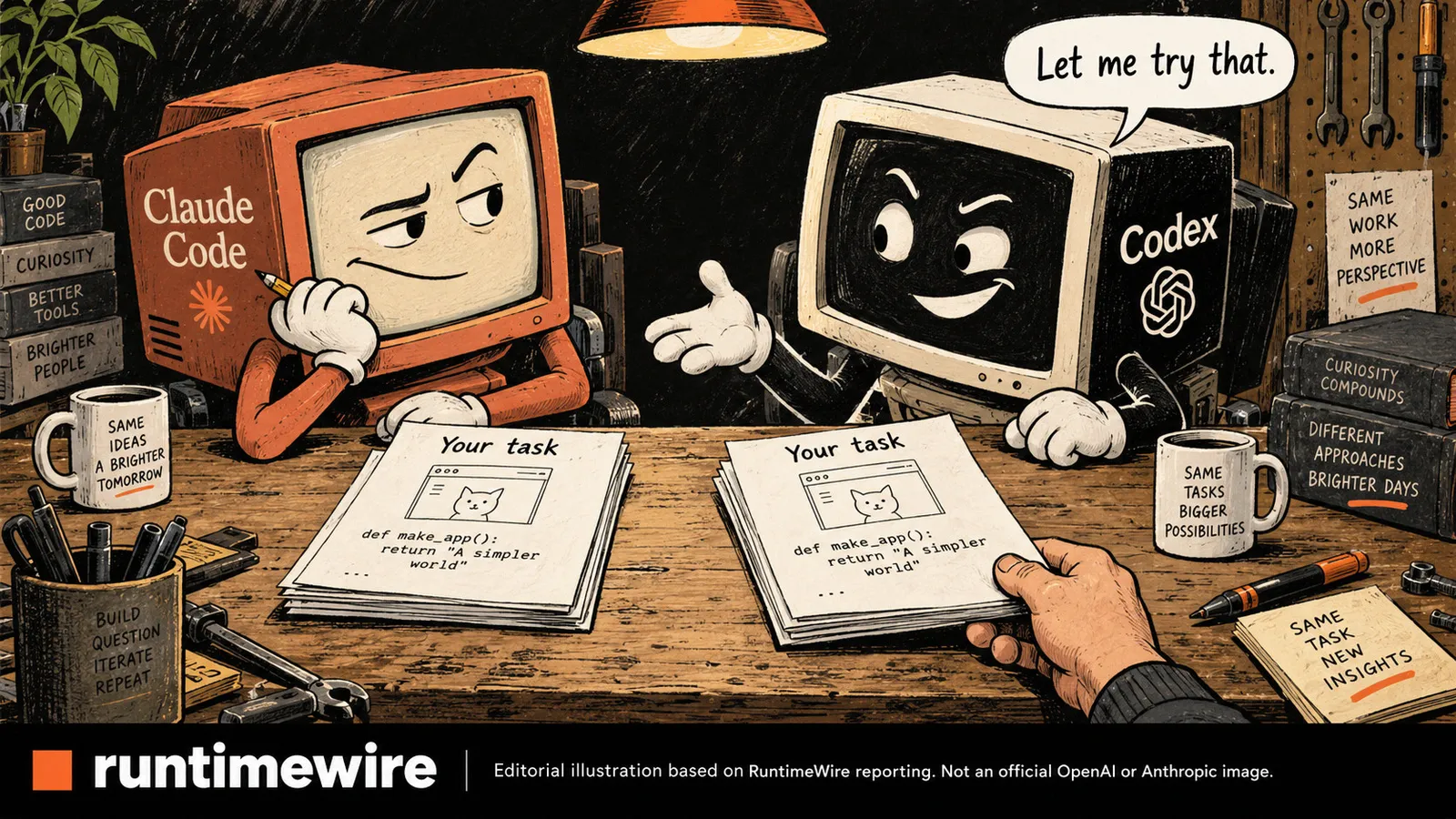 Cartoon of Codex asking “Let me try that” as a user hands it the same coding task sitting before a skeptical Claude Code.