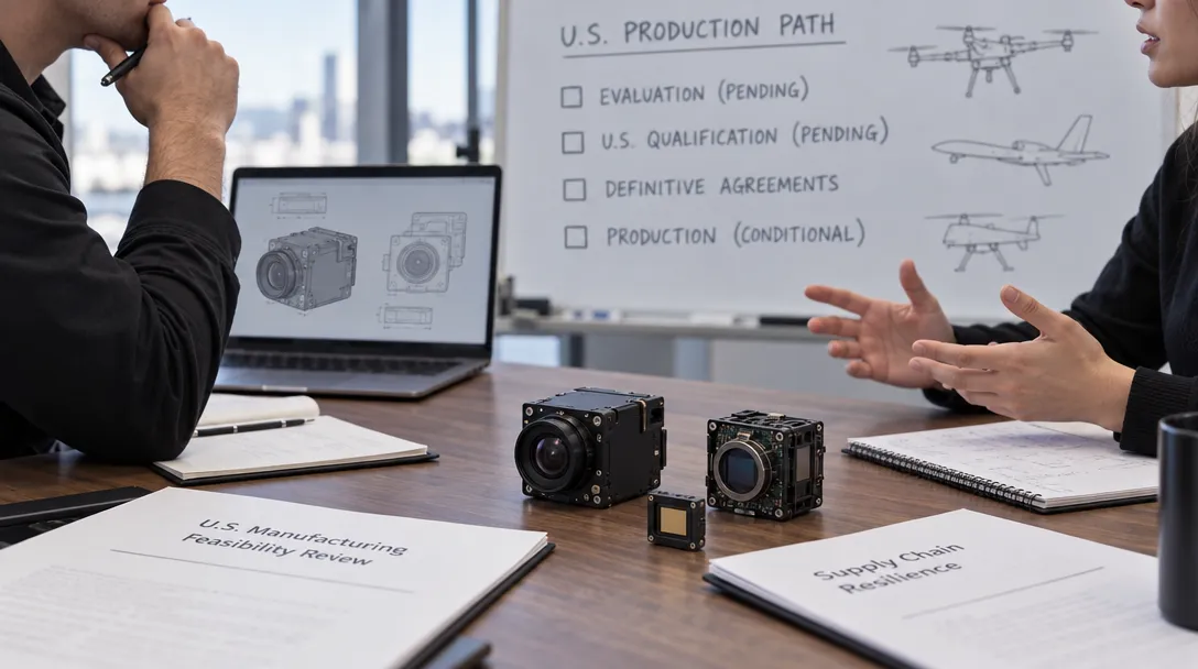 AI-generated illustration of two people discussing camera-like modules on a table, with device sketches on a laptop and production steps and aircraft drawings on a whiteboard.