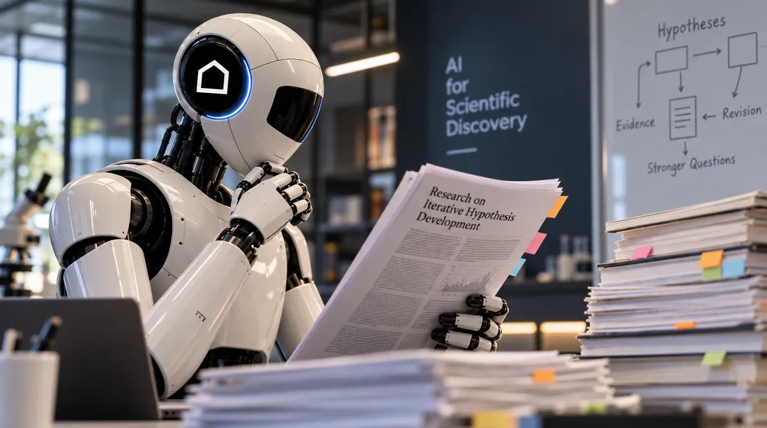 AI-generated illustration of a humanoid robot holding a research paper beside stacks of documents, with a hypothesis diagram on a whiteboard.