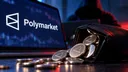 AI-generated illustration of a laptop displaying “Polymarket,” a tipped black wallet spilling silver coins stamped with geometric symbols, and a shadowy hooded figure behind it.
