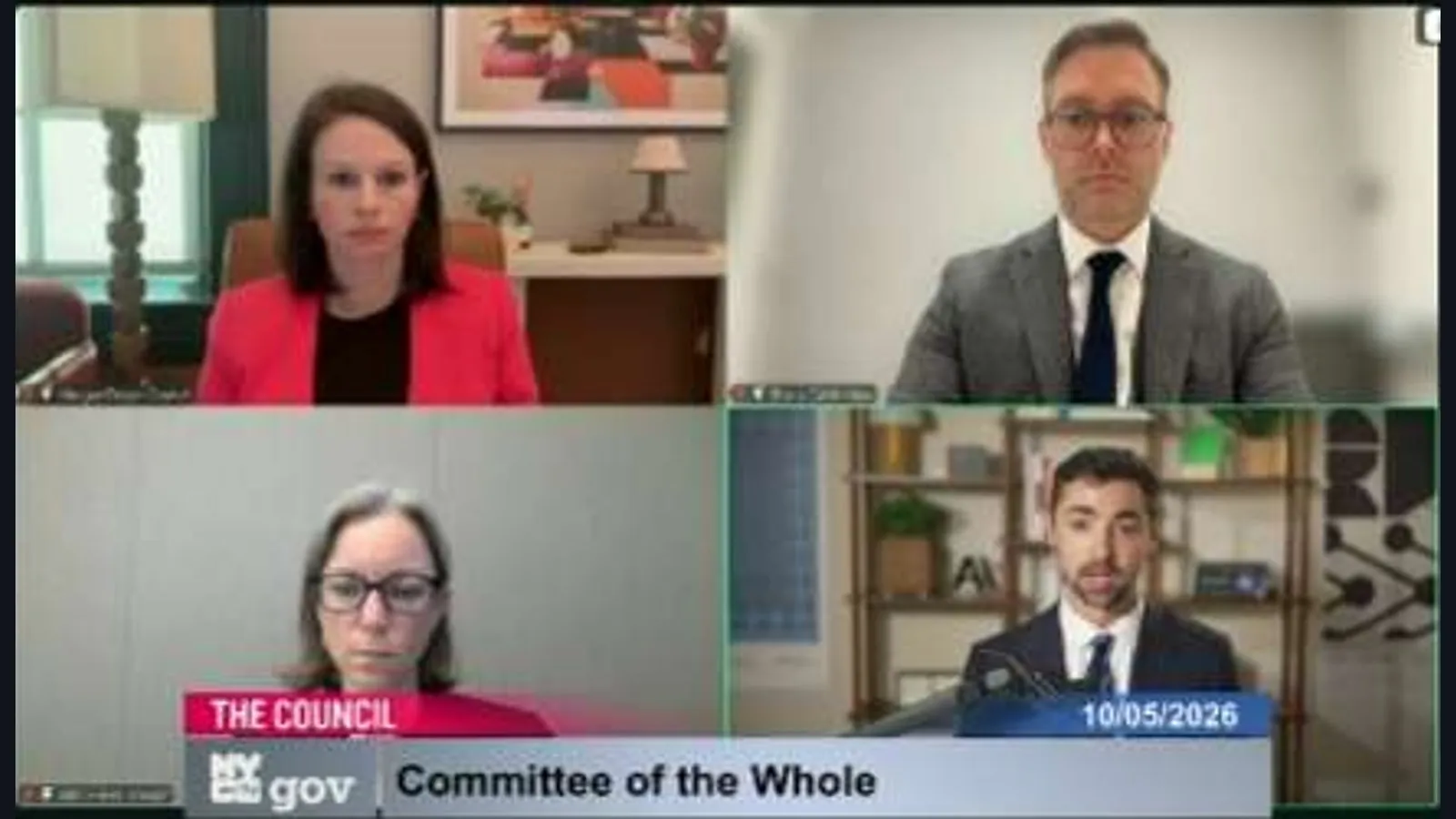 A four-person video conference with a lower-third banner reading “THE COUNCIL,” “Committee of the Whole,” and the date 10/05/2026.
