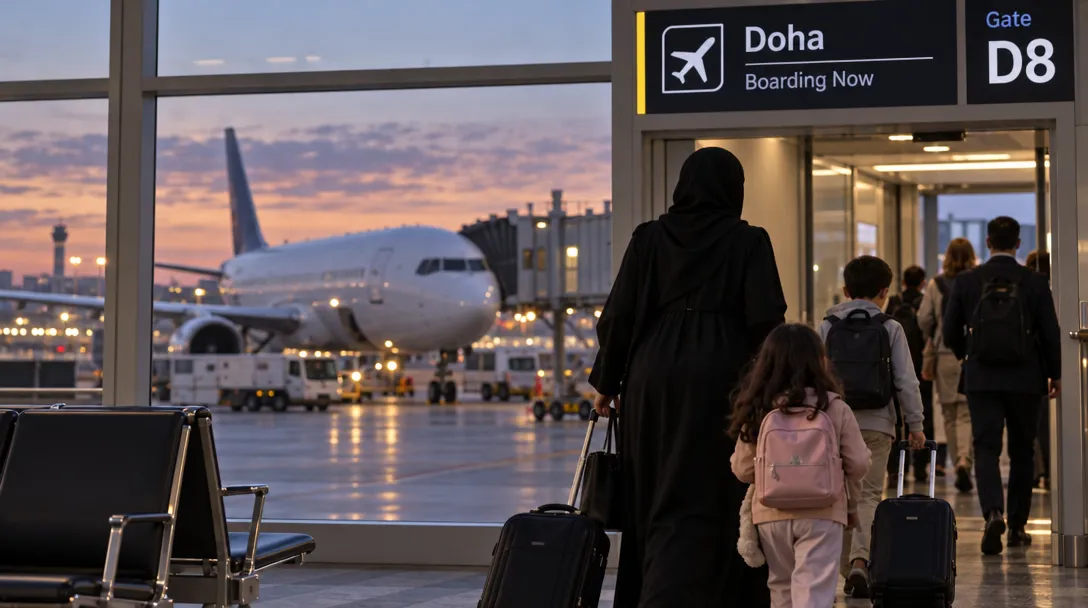 AI-generated illustration of a woman and child with rolling suitcases walking toward a gate marked “Doha, Boarding Now,” with an airplane visible through terminal windows at dusk.