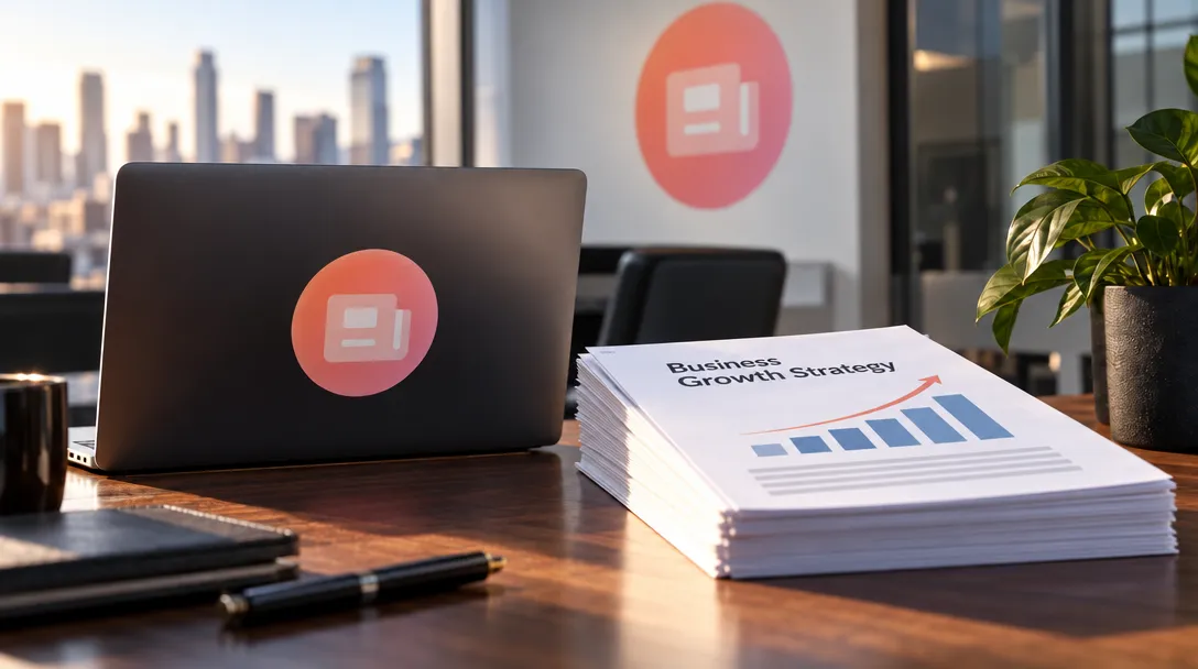 AI-generated illustration of a laptop with a circular symbol beside papers labeled “Business Growth Strategy” with a rising bar chart, on a desk by a window.