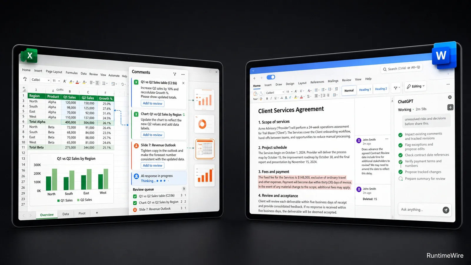 A person's hands are focused on a laptop screen showing a spreadsheet application with advanced collaborative features and a discreet company logo.