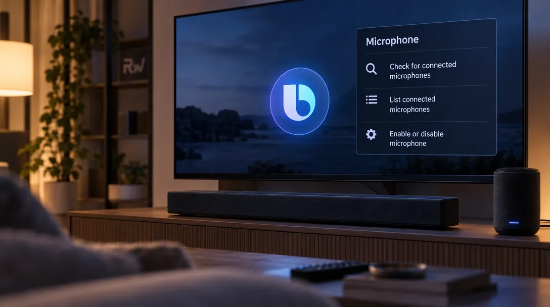 AI-generated illustration of a living room TV showing a microphone settings menu beside a blue circular icon, with a soundbar and small speaker on the console.