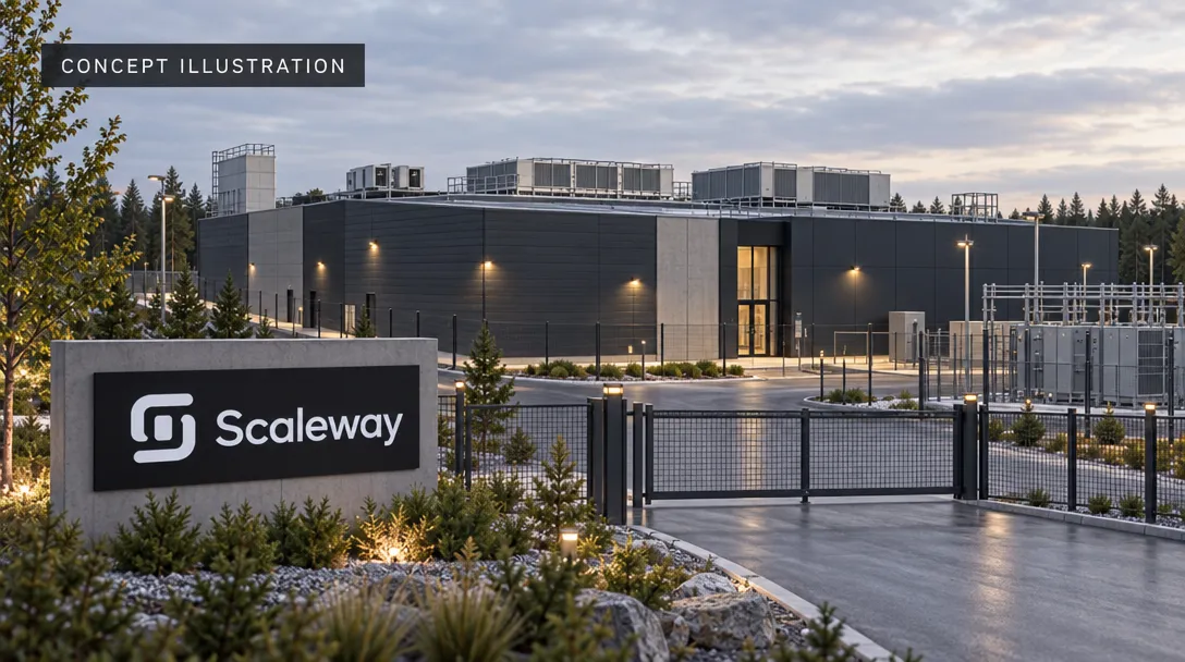 AI-generated illustration of a dark industrial building with rooftop equipment, fenced utility structures, trees and landscaped grounds, plus a foreground sign with a symbol and lettering.