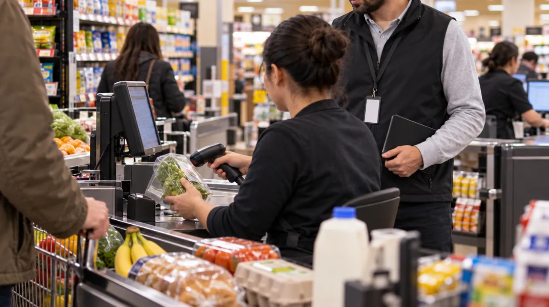 AI-generated illustration of a cashier scanning bagged greens at a supermarket checkout as a man holding a tablet stands beside her, with groceries on the counter.