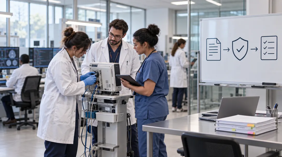 AI-generated illustration of three people in lab coats and scrubs examining medical equipment, with a whiteboard showing document, shield, and checklist icons.