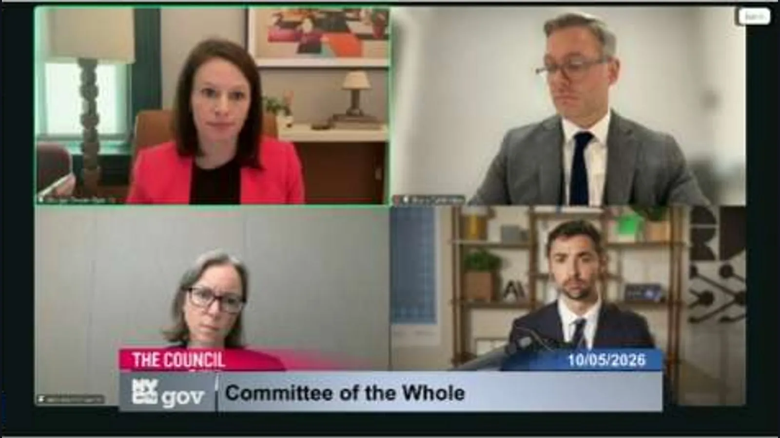 Four people appear in a video conference grid. A lower-third identifies “The Council” and “Committee of the Whole,” with the date 10/05/2026.