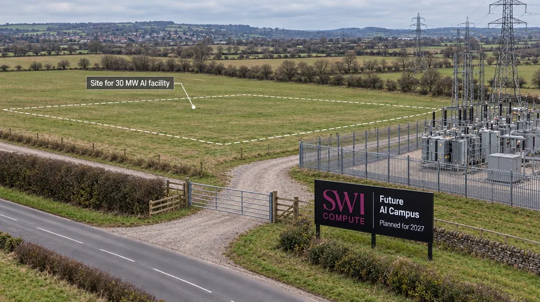 AI-generated illustration of a fenced electrical substation beside an empty rural field outlined with dashes, with a sign reading “Future AI Campus, Planned for 2027.”