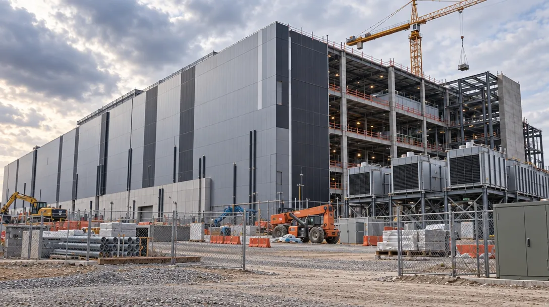 AI-generated illustration of a large industrial building under construction, with exposed steel framing, cranes, construction vehicles, cooling units and fencing beneath a cloudy sky.
