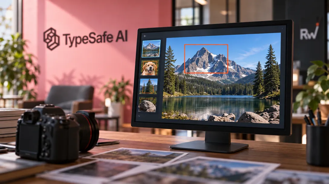 AI-generated illustration of a camera beside a monitor displaying a mountain lake, with a red rectangle around a peak and image thumbnails along the screen.