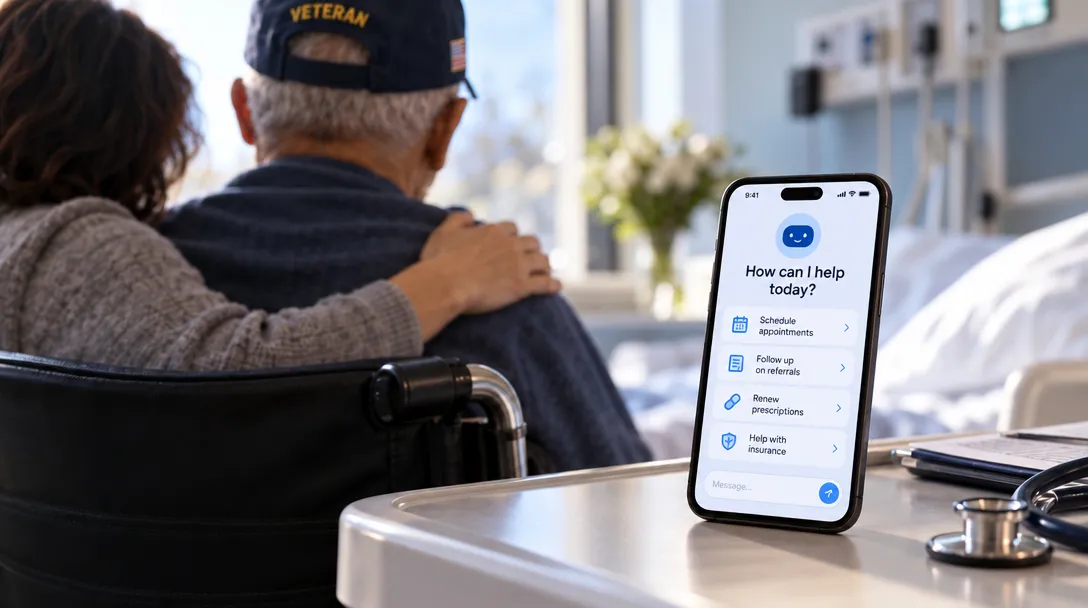 AI-generated illustration of a woman resting her hand on a man’s shoulder as he sits in a wheelchair; a phone displays care-task options beside a stethoscope in a clinic room.