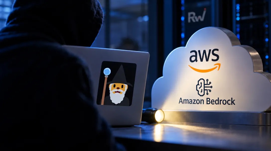 AI-generated illustration of a hooded figure facing a laptop displaying a cartoon wizard, beside a cloud-shaped sign labeled “AWS” and “Amazon Bedrock” in a blue-lit server room.