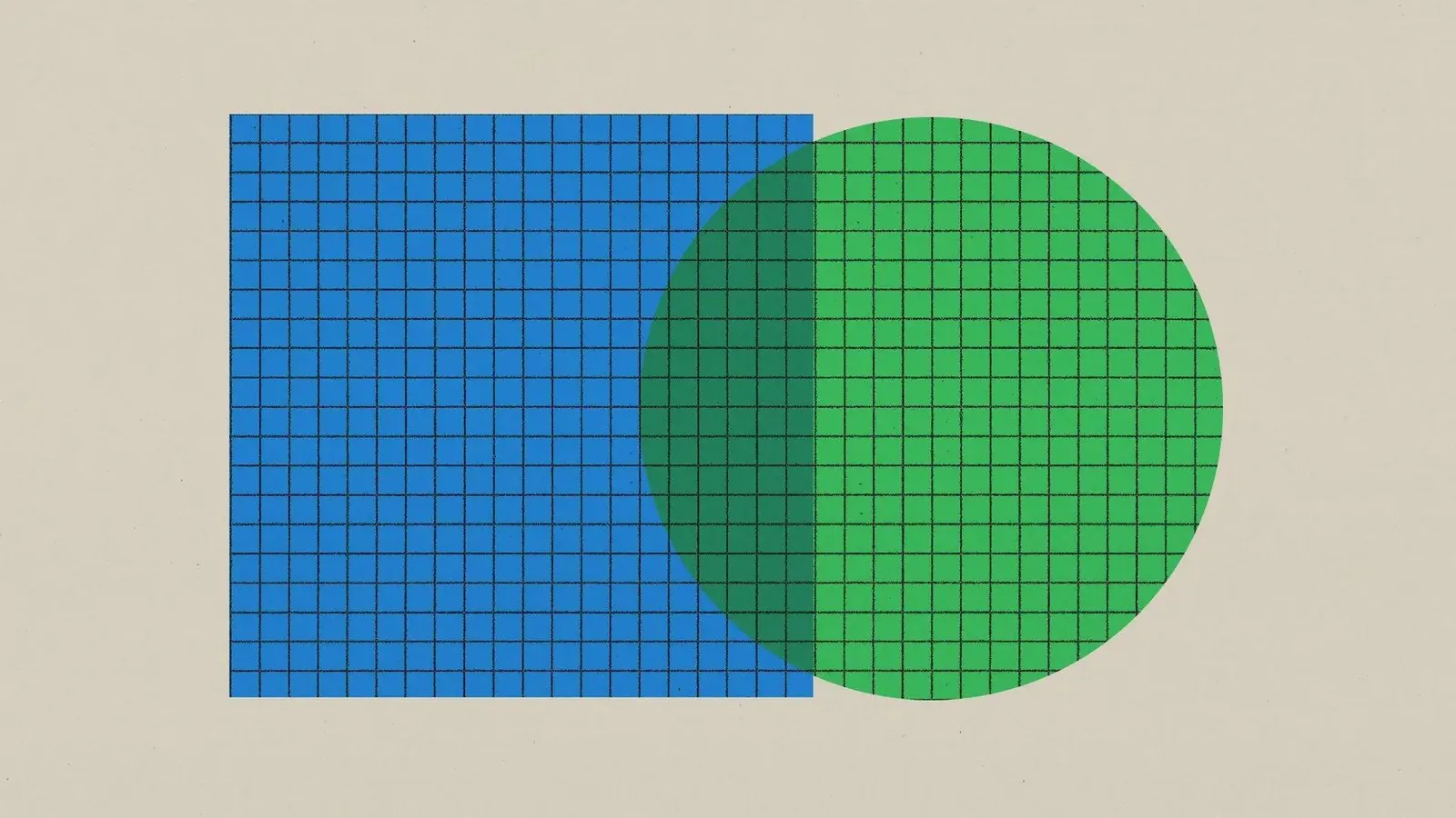 A blue gridded square overlaps a green gridded circle, forming a darker green region on a beige background.