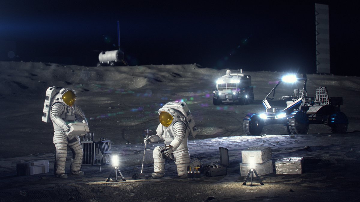 Rendering of astronauts building a base on the moon
