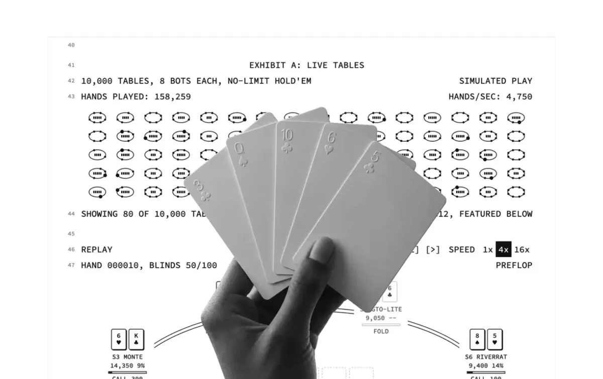 A hand fans five playing cards over a poker interface labeled “EXHIBIT A: LIVE TABLES,” with rows of table icons and game statistics.