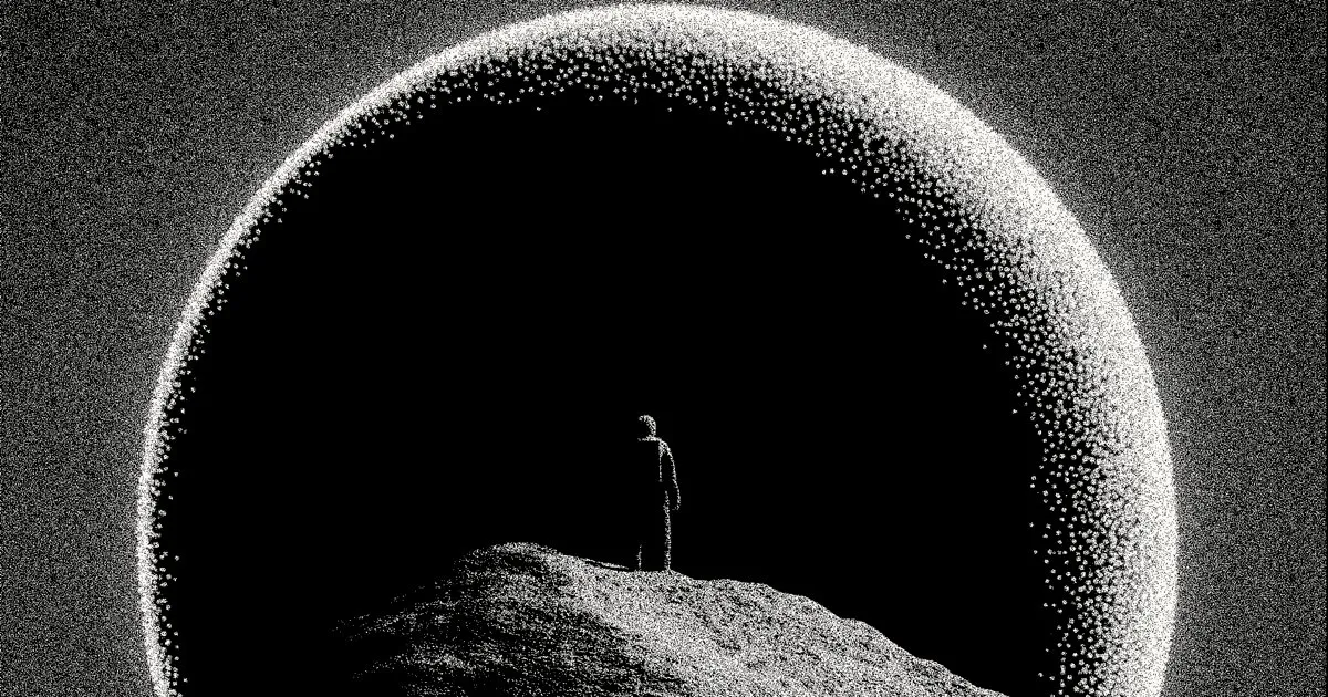 A small figure stands on a rocky ridge inside a huge dark sphere edged with a dense ring of white specks.