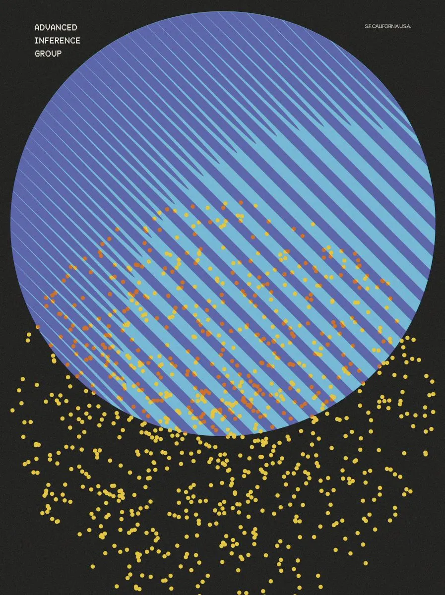 A large blue circle with diagonal stripes overlaps yellow and orange dots; text reads “ADVANCED INFERENCE GROUP” and “S.F. CALIFORNIA U.S.A.”