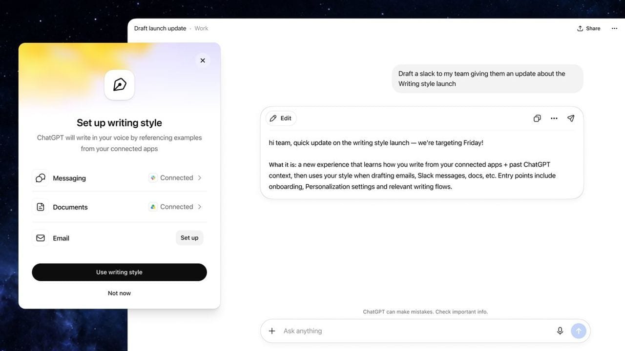 ChatGPT Work learns your writing style from Gmail, Slack and Drive