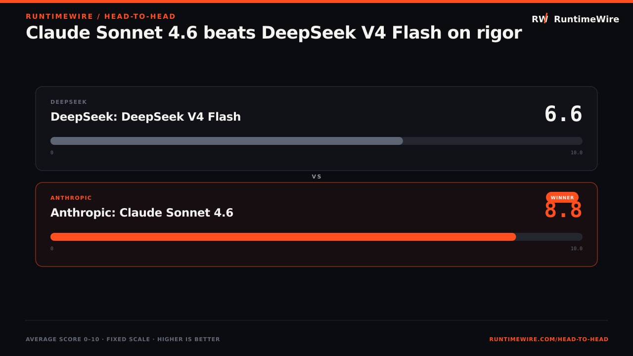RuntimeWire Head-to-Head: Claude Sonnet 4.6 beats DeepSeek V4 Flash on rigor