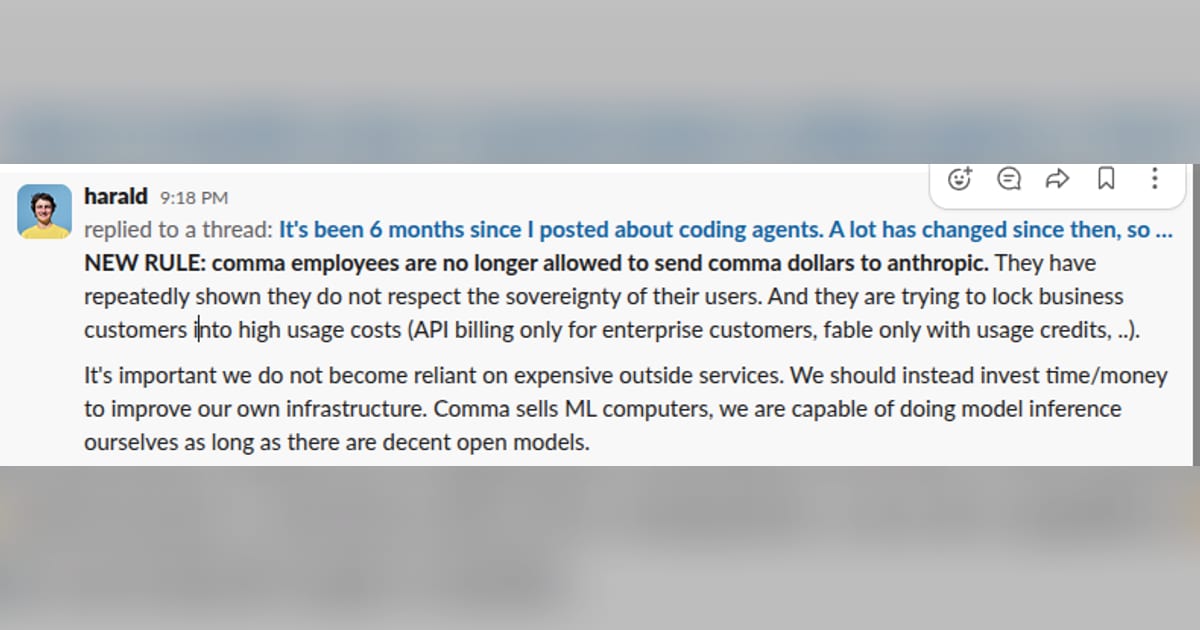 comma.ai bans Anthropic as an AI vendor after CTO warns of cloud token dependence