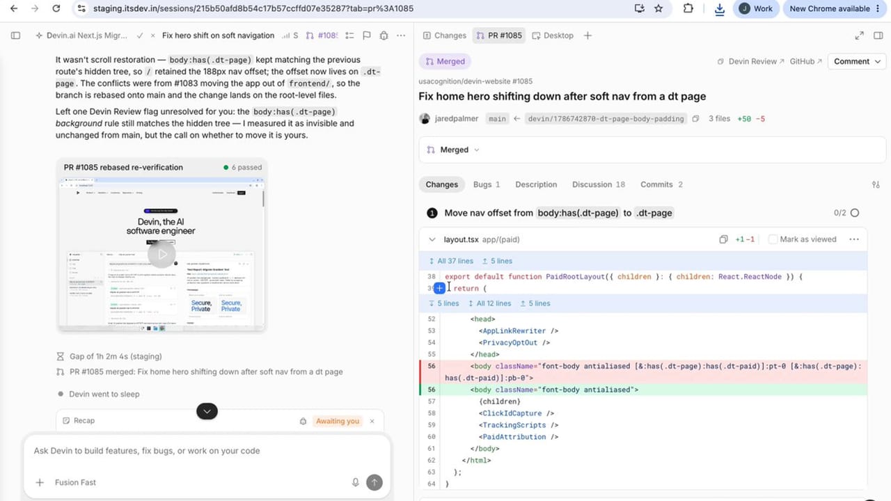 Devin migrated Cognition's site and recorded its own verification runs