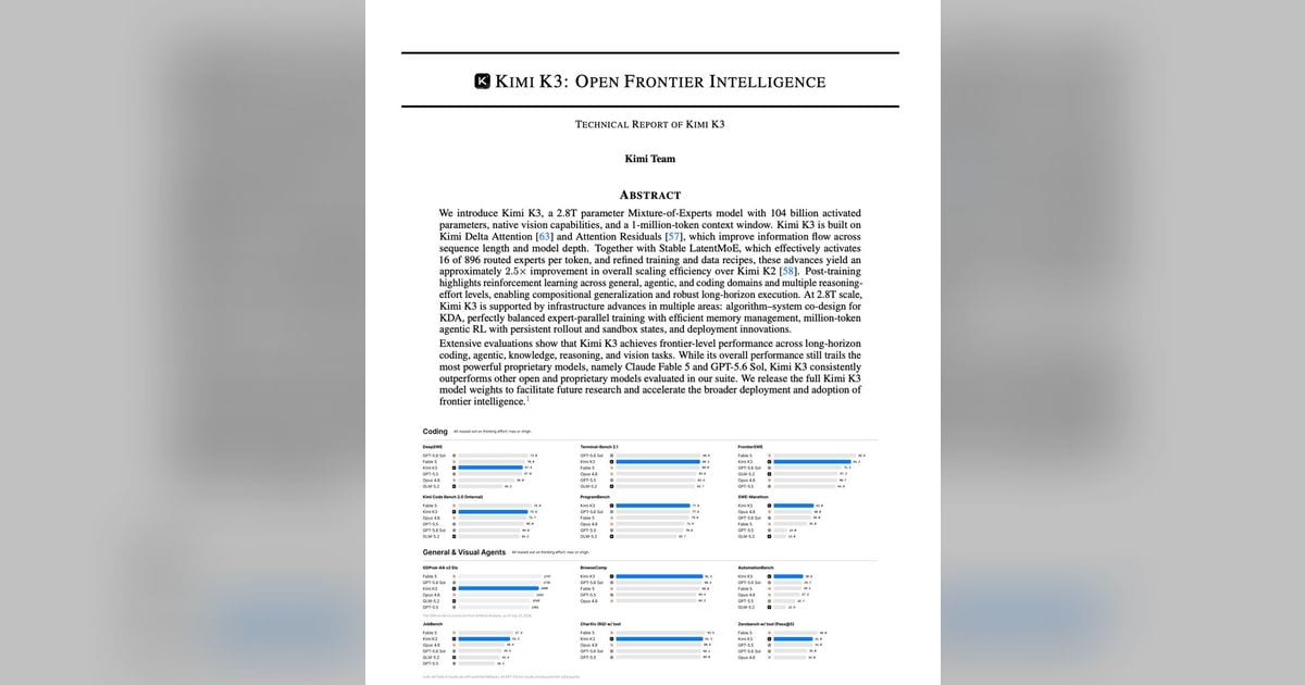 Kimi.ai releases weights and report for K3, a 2.8T MoE model with 1M-token context