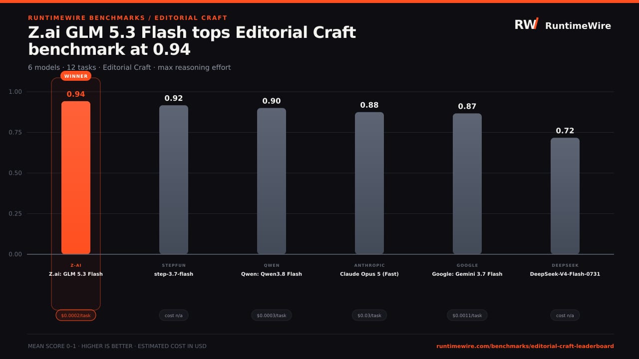 Z.ai GLM 5.3 Flash tops Editorial Craft benchmark at 0.94